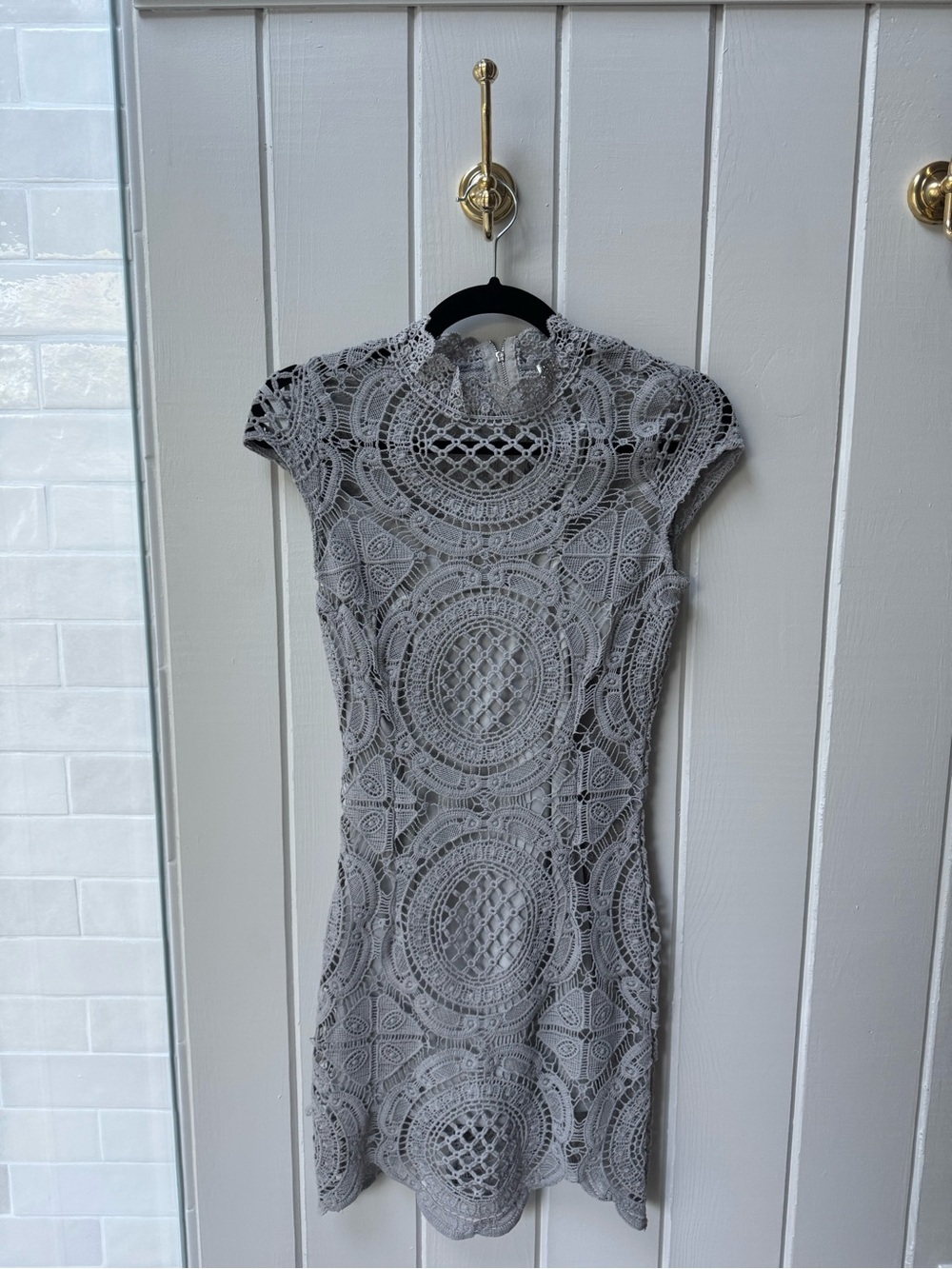 Cap-Sleeve Crochet Bohemian Mini Dress in Light Gray
